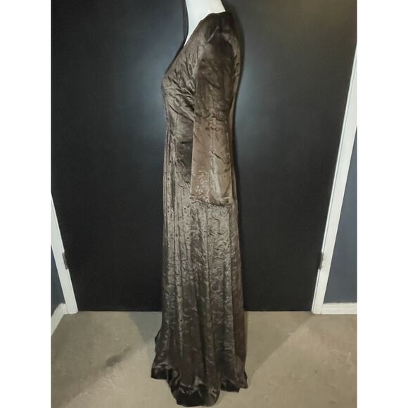 Vintage 70s Brown Crushed Velvet Maxi Hostess Dress V-Neck Empire Waist S/M - Picture 3 of 14